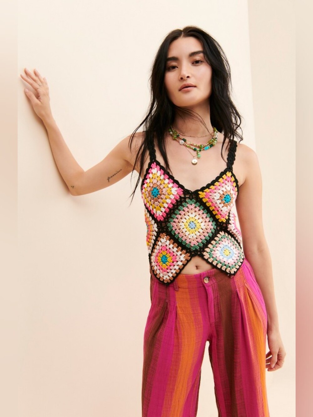 Raga Cozy Crochet Tank Granny Square Festival Crop Top Size M